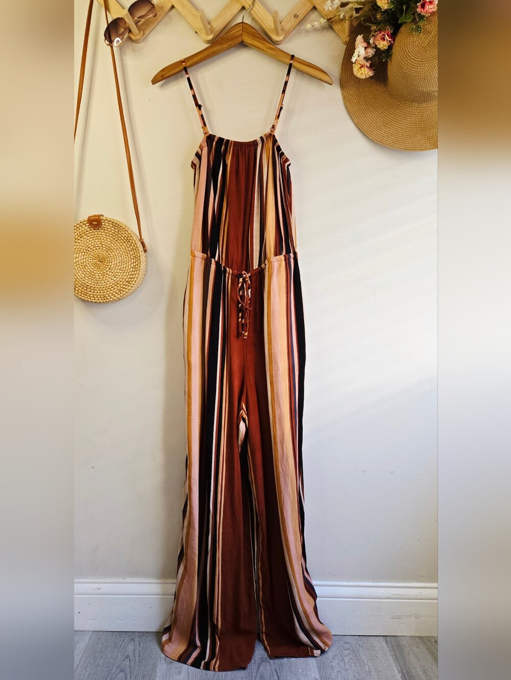 American Eagle Outfitters Striped Wide-Leg Jumpsuit in Rust, Cream & Black